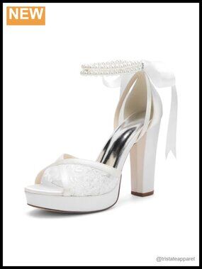Lace Wedding Shoes Platform Heels Pearl Chunky Heel Bridal Sandals